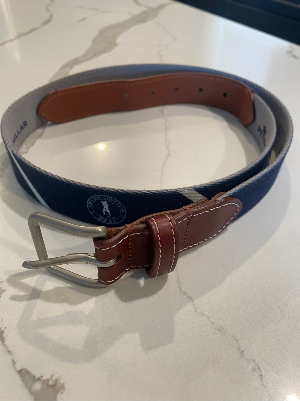 Peter Millar Chicago Golf Club Navy Canvas Belt with Brown Trim
